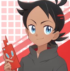  1boy antenna_hair black_hair blue_eyes closed_mouth commentary_request eyelashes goh_(pokemon) grey_shirt hand_up highres holding holding_phone kouzuki_(reshika213) looking_at_viewer male_focus phone pokemon pokemon_(anime) pokemon_journeys rotom rotom_phone shirt short_hair smile upper_body 