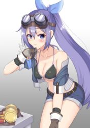  belt bikini bikini_top_only black_belt black_bikini blue_jacket blue_ribbon blue_shorts blush breasts brown_gloves cleavage collarbone commentary_request cropped_jacket female gloves goggles goggles_on_head gradient_background grey_background hair_between_eyes hair_ribbon hand_up highres iseshi jacket leaning_forward long_hair looking_at_viewer medium_breasts mifuyu_(mechanic)_(princess_connect!) mifuyu_(princess_connect!) off_shoulder open_clothes open_jacket parted_lips princess_connect! puffy_short_sleeves puffy_sleeves purple_eyes purple_hair ribbon short_shorts short_sleeves shorts solo standing swimsuit very_long_hair white_background 