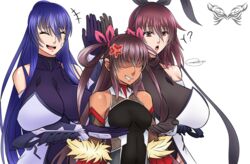  3girls :d :o ? action_taimanin akiyama_rinko anger_vein angry bare_shoulders bow breast_envy breasts cleavage clenched_teeth closed_eyes elbow_gloves gloves hairbow headband highleg highleg_leotard highres huge_breasts impossible_clothes large_breasts leotard long_hair meme mizuki_shiranui mizuki_yukikaze multiple_girls ninja official_alternate_costume open_mouth ponytail purple_bow purple_eyes purple_hair remchi301 servants_holding_aphrodite&#039;s_breasts_(meme) shaded_face shuumatsu_no_valkyrie signature simple_background small_breasts smile taimanin_(series) taimanin_asagi taimanin_suit taimanin_yukikaze tan teeth upper_body white_background 