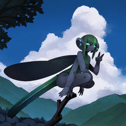  arthropod_girl black_sclera branch closed_mouth cloud cloudy_sky colored_sclera colored_skin dragonfly_girl elbow_on_knee extra_arms extra_eyes female fewer_digits full_body glowing glowing_eyes green_eyes green_hair green_skin grey_sclera grey_skin hand_up highres insect_wings kamukamu6392 knees_up looking_at_viewer mandibles medium_hair monster_girl mountain on_top_of_pole original outdoors short_hair sidelocks sky solo squatting tree v wings 