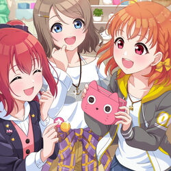  3girls blue_eyes blush casual collarbone commentary_request cyaron!_(love_live!) grey_hair kurosawa_ruby love_live! love_live!_sunshine!! multiple_girls necocafe_lili open_mouth orange_hair red_eyes red_hair smile takami_chika watanabe_you 