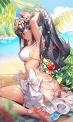  adjusting_hair arms_up artist_request ass beach beach_towel bikini black_hair blush breasts chang&#039;e_(destiny_child) cleavage cloud day destiny_child female flower fox_mask from_behind hair_ornament large_breasts leaf long_hair mask mask_on_head ocean official_art outdoors parted_lips ponytail sand sarong sitting sky solo sparkle swimsuit towel white_bikini 