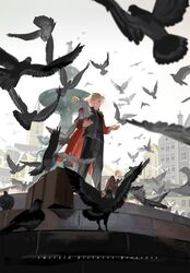  2boys alphonse_elric animal bird black_clothes black_pants black_theme blonde_hair brothers cape city closed_eyes coat commentary conqueror_of_shambala edward_elric emmmerald english_commentary english_text fountain from_below fullmetal_alchemist highres long_hair long_sleeves looking_to_the_side male_focus multiple_boys open_mouth pants pigeon red_cape siblings sitting sky smile square standing suitcase teeth white_sky yawning yellow_eyes 