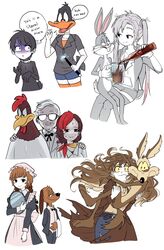  5girls 6+boys black_hair braid brown_hair bugs_bunny butler charlie_dog closed_mouth colonel_sanders colored_sclera commentary cosplay costume_switch daffy_duck english_commentary english_text foghorn_leghorn genderswap_(mtf) glasses grey_hair head_swap highres himuhino humanization long_hair looking_at_viewer looney_tunes maid multiple_boys multiple_girls nervous_sweating opaque_glasses real_life rule_63 smile speech_bubble sweat thought_bubble twin_braids twintails wile_e_coyote yellow_sclera 