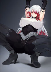  0.7_(aysatnegr) armpits asmodeus_(megido72) bad_id bad_pixiv_id black_bodysuit black_footwear blush bodysuit boots breasts commentary commission dot_nose elbow_gloves female from_below full_body gloves gradient_background hair_over_one_eye high_heel_boots high_heels highres huge_breasts long_hair megido72 multicolored_hair no_bra open_mouth pixiv_commission pointy_breasts red_hair shadow simple_background solo spread_legs squatting streaked_hair sweat teeth white_hair 