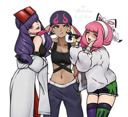  3girls :d asymmetrical_legwear bandana black_bandana black_shirt blonde_hair blunt_bangs bow bracelet breasts cheek_poking cleavage closed_eyes coat collarbone commentary_request crop_top drill_hair dynamax_band echizen_(n_fns17) eyelashes eyeshadow eyewear_on_head flame_print flipped_hair fur_coat fur_jacket gloves hairband hairbow jacket jewelry klara_(pokemon) lipstick long_hair makeup midriff mismatched_legwear multicolored_hair multiple_girls open_mouth pants partially_fingerless_gloves pink_eyeshadow pink_hair pink_lips plumeria_(pokemon) pokemon pokemon_masters_ex pokemon_sm pokemon_swsh poking print_shirt print_shorts print_thighhighs purple_eyeshadow purple_hair purple_lips quad_tails rachel_(pokemon) red-tinted_eyewear shaded_face shirt short_hair shorts single_glove sleeveless sleeveless_shirt smile sunglasses sweatdrop tank_top thighhighs tinted_eyewear tongue twin_drills two-tone_hair white_background white_bow white_coat white_hairband white_jacket yellow_eyes 