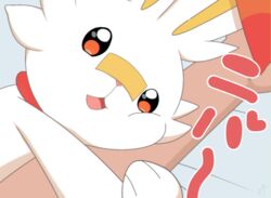  1boy :d bandaid bandaid_on_face bandaid_on_nose bed_sheet cheek_squash commentary_request heart indoors kouzuki_(reshika213) lying male_focus on_side open_mouth orange_eyes outstretched_arm pokemon pokemon_(creature) scorbunny smile tongue white_fur 