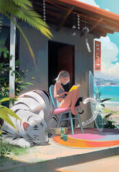  animal beach black_cat blurry blurry_foreground book chair cloud cloudy_sky commentary cup day english_commentary feline female full_body grey_hair grey_shirt highres holding holding_book mug ocean on_chair original outdoors parted_bangs ross_tran sand shirt short_hair shorts sitting sky smile solo surfboard tiger transparent wind_chime 