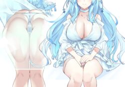  against_glass ass ass_on_glass blue_hair blue_nails braid breasts bursting_ass butt_crack cleavage commentary_request elf female from_below hair_ornament highres hololive huge_breasts kiyu_rei long_hair lowleg lowleg_panties multiple_views nail_polish panties pointy_ears simple_background sitting skindentation smile snowflake_hair_ornament snowflake_print thick_thighs thigh_strap thighs tight_clothes transparent_seat underbust undersized_clothes underwear very_long_hair virtual_youtuber white_background yukihana_lamy 