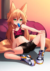  animal_ears armpits bare_arms bare_shoulders bike_shorts black_shorts blonde_hair crop_top female fox_ears fox_girl fox_tail frown green_eyes highres kokonoe_tsubaki long_hair looking_at_viewer midriff mouth_hold multiple_tails navel original red_shirt shirt shoes short_shorts shorts sleeveless sleeveless_shirt sneakers solo spread_legs stomach tail two_tails yoshizawa_tsubaki 