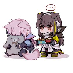  ... 2girls absurdres animal_ears armband black_gloves bowl brown_eyes brown_hair chibi dog_ears dog_girl dog_tail girls&#039;_frontline gloves green_hair headphones highres holding holding_bowl hugging_object jacket long_hair long_sleeves m4a1_(girls&#039;_frontline) multicolored_hair multiple_girls pet_bowl pink_hair scarf simple_background sitting spoken_ellipsis st_ar-15_(girls&#039;_frontline) standing streaked_hair stuffed_animal stuffed_toy tail white_background yuutama2804 