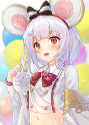  absurdres animal animal_ears blurry bow bowtie brooch buttons carrying chinese_commentary commentary_request crop_top detached_sleeves female granblue_fantasy hair_ornament hairband hairbow hairclip hand_up heart heart_brooch highres jewelry long_sleeves looking_at_viewer midriff mouse_(animal) mouse_ears navel open_mouth ponta_(velmar) red_eyes shirt short_hair smile solo upper_body vikala_(granblue_fantasy) white_hair white_shirt wide_sleeves wing_collar 