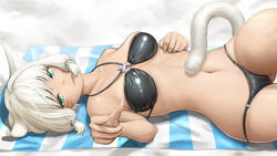  animal_ears bikini black_bikini breasts cameltoe cat_ears cat_girl cat_tail collarbone cowboy_shot facial_mark female final_fantasy final_fantasy_xiv green_eyes grey_hair hand_rest hand_up kasu_(kasunohikari) knee_up looking_at_viewer lowleg lowleg_bikini lying medium_breasts medium_hair miqo&#039;te navel on_back paid_reward_available parted_lips shiny_clothes skindentation slit_pupils smile solo stomach swimsuit tail tan twisted_torso whisker_markings y&#039;shtola_rhul 