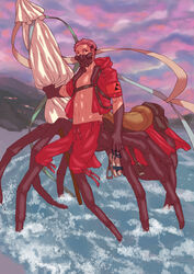  1boy arachne_boy armband arthropod_boy beach_umbrella black_gloves extra_eyes gloves hachikyaku_rozunieru harness highres jacket looking_at_viewer male_focus masago_shirou mask midriff monster_boy navel outdoors pink_hair pixiv_fantasia pixiv_fantasia_last_saga red_eyes red_jacket saddle shoes solo spider_boy stirrups_(riding) taur twilight umbrella unworn_shoes wading 