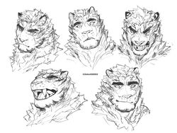  1boy absurdres angry animal_ears arknights bad_id bad_twitter_id collage cropped_shoulders expressions fangs frown furry furry_male greyscale highres korean_commentary laughing looking_at_viewer male_focus monochrome mountain_(arknights) scar scar_across_eye scar_on_face sharp_teeth short_hair sigppang_(2shot00002) smile teeth thick_eyebrows tiger_boy tiger_ears white_fur 