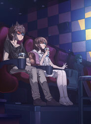  2boys 3d_glasses absurdres bad_id bad_pixiv_id black_shirt ceiling checkered_wall chinese_commentary collarbone commentary_request drinking drinking_straw female heterochromatic_eyewear highres holding indoors lu_(yewang19) movie_theater multiple_boys original shirt sitting thighhighs white_legwear yewang19 yu_xuan_(yewang19) 