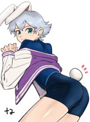  1boy androgynous animal_ears aqua_eyes ass bike_shorts blue_hair blush commentary_request doraemon doraemon:_nobita_no_getsumen_tansaki from_behind highres interlocked_fingers jacket letterman_jacket light_blue_hair looking_back male_focus nanja rabbit_boy rabbit_ears rabbit_tail short_shorts shorts simple_background smile solo tail tsukino_luca white_legwear 