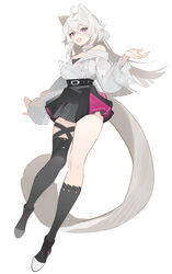  absurdres ahoge animal_ears asymmetrical_legwear black_skirt black_socks black_thighhighs commission female full_body hair_between_eyes halter_shirt halterneck high-waist_skirt highres kneehighs long_hair looking_at_viewer oerba_yun_fang off-shoulder_shirt off_shoulder open_mouth original pink_skirt pleated_skirt purple_eyes shachi_(d09_0rca) shirt sidelocks simple_background single_kneehigh single_sock single_thighhigh skeb_commission skirt socks solo thighhighs two-tone_skirt uneven_legwear very_long_tail white_background white_hair 