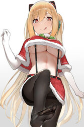  animal_ear_headphones animal_ears azur_lane bell black_pantyhose blonde_hair blush breasts capelet cat_ear_headphones closed_mouth commentary concord_(azur_lane) concord_(sweet_christmas)_(azur_lane) elbow_gloves fake_animal_ears feet female fur-trimmed_capelet fur-trimmed_skirt fur_trim gloves gradient_background hair_between_eyes headphones highres large_breasts leg_up licking_lips long_hair looking_at_viewer mole mole_under_eye navel no_shoes noel_(nnoelllll) official_alternate_costume pantyhose red_capelet red_eyes red_skirt skirt smile solo star-shaped_pupils star_(symbol) suspenders symbol-shaped_pupils thighs tongue tongue_out twintails underboob white_background white_gloves 