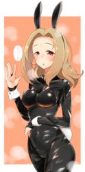  animal_ears arm_up blonde_hair bodysuit check_commentary collar commentary commentary_request covered_navel female highres idolmaster idolmaster_cinderella_girls kurushima_gire leather looking_at_viewer manabe_itsuki one_eye_closed orange_background parted_lips pink_eyes playboy_bunny rabbit_ears rabbit_tail shirt simple_background solo speech_bubble steam sweat tail translation_request upper_body wrist_cuffs 