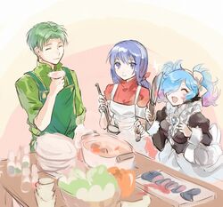  1boy 2girls alternate_costume apron blue_eyes blue_hair caeda_(fire_emblem) closed_eyes closed_mouth fire_emblem fire_emblem:_mystery_of_the_emblem fire_emblem:_path_of_radiance fire_emblem_fates fire_emblem_heroes gem green_hair hair_over_one_eye highres holding holding_knife hukashin knife ladle long_hair long_sleeves maid multicolored_hair multiple_girls open_mouth oscar_(fire_emblem) peri_(fire_emblem) pink_hair plate short_hair smile twintails 