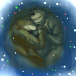  1:1 2010 anthro bear belly canid canine canis closed_eyes cuddling duo hand_holding hug male mammal overweight overweight_male tetsuo_oshiba wolf 