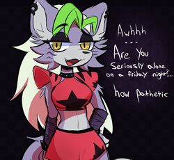  2022 alone_on_a_friday_night_(meme) anthro black_background blonde_hair bottomwear breasts canid canine canis clothed clothing degradation dialogue ear_piercing ear_tuft english_text female five_nights_at_freddy&#039;s five_nights_at_freddy&#039;s:_security_breach fur green_highlights grey_body grey_fur hair hand_on_hip highlights_(coloring) humiliation insult insulting_viewer long_hair looking_at_viewer mammal medium_breasts midriff narrowed_eyes navel open_mouth open_smile piercing red_clothing roxanne_wolf scottgames shorts simple_background slumberdoq smile solo steel_wool_studios talking_to_viewer teeth text tongue tuft wolf yellow_eyes 