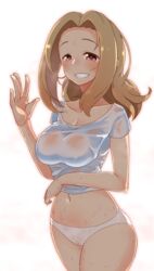  blonde_hair blush breasts check_commentary cleavage collarbone commentary commentary_request covered_nipples crop_top cropped_shirt female female_pubic_hair highres idolmaster idolmaster_cinderella_girls kurushima_gire looking_at_viewer manabe_itsuki medium_breasts midriff navel panties pink_eyes pubic_hair see-through see-through_panties see-through_shirt shirt short_sleeves simple_background smile solo sweat sweaty_clothes t-shirt underwear waving wet white_background white_shirt wide_hips 