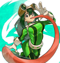  absurdres aoyuzuaoyuzu asui_tsuyu belt bodysuit boku_no_hero_academia breasts covered_navel cowboy_shot dark_green_hair female frog_girl from_above gloves goggles goggles_on_head green_bodysuit hair_between_eyes hair_rings highres large_breasts long_hair long_sleeves long_tongue looking_at_viewer low-tied_long_hair open_mouth pantylines smile standing standing_on_one_leg tareme tongue utility_belt very_long_hair very_long_tongue waving 