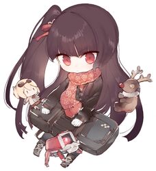  &gt;:( black_coat black_hair black_jacket black_pantyhose boots character_doll chibi closed_mouth coat commentary_request dinergate_(girls&#039;_frontline) fake_beard fake_facial_hair fake_mustache female fringe_trim full_body girls&#039;_frontline grey_footwear hair_ribbon jacket kotatu_(akaki01aoki00) light_frown long_hair long_sleeves necktie non-humanoid_robot official_alternate_costume one_side_up pantyhose print_scarf red_eyes red_necktie red_ribbon red_scarf ribbon robot sangvis_ferri scarf simple_background sitting sleeves_past_wrists snowflake_print solo stuffed_animal stuffed_reindeer stuffed_toy v-shaped_eyebrows very_long_hair wa2000_(date_in_the_snow)_(girls&#039;_frontline) wa2000_(girls&#039;_frontline) white_background 