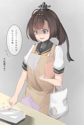  88942731ne ahoge akizuki_(kancolle) apron bag black_hair black_sailor_collar brown_eyes coin commentary_request cowboy_shot female grey_background grey_eyes hachimaki headband highres kantai_collection neckerchief one-hour_drawing_challenge patchwork_clothes ponytail sailor_collar school_uniform serafuku shaded_face simple_background solo standing translated yellow_neckerchief 