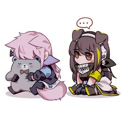  ... 2girls absurdres animal_ears armband black_gloves brown_eyes brown_hair chibi dog_ears dog_girl dog_tail girls&#039;_frontline gloves green_hair headphones highres hugging_object jacket long_hair long_sleeves m4a1_(girls&#039;_frontline) multicolored_hair multiple_girls pink_hair scarf simple_background sitting spoken_ellipsis st_ar-15_(girls&#039;_frontline) streaked_hair stuffed_animal stuffed_toy tail white_background yuutama2804 