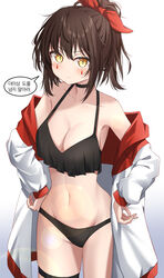  alternate_costume bikini blush breasts brown_hair cleavage facial_tattoo female guardian_tales hand_on_own_hip highres jacket korean_text looking_at_viewer medium_breasts mismatched_bikini navel pikandong ponytail scrivener_lahn simple_background solo speech_bubble swimsuit tattoo translation_request yellow_eyes 