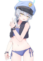  absurdres alternate_costume bikini blue_archive breasts bulletproof_vest collarbone commentary_request female grey_hair halo hat highres mizusaki_(kn27) navel open_mouth police police_hat police_uniform policewoman side-tie_bikini_bottom small_breasts solo swimsuit uniform valkyrie_police_academy_student_(blue_archive) valkyrie_police_academy_student_(sg)_(blue_archive) watch wristwatch yellow_eyes 