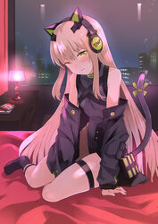  animal_ear_headphones animal_ears bare_arms bare_legs bare_shoulders bed bed_sheet black_bodysuit black_jacket black_socks blonde_hair blush bodysuit book breasts building cat_ear_headphones cat_ears cat_tail character_name choker city city_lights cityscape commentary_request drawer earphones embarrassed eyebrows fake_animal_ears fake_tail female flustered frown girls&#039;_frontline green_eyes green_ribbons hands_on_bed head_tilt headphones headwear_request highres indoors jacket lamp leaning leaning_forward legband long_hair long_sleeves looking_at_viewer night night_sky nightstand off_shoulder on_bed open_mouth parted_bangs parted_lips pocket pouch ribbon sidelocks sitting sky small_breasts socks solo spots strap tail tail_ornament tail_ribbon thigh_bands thigh_strap thighs tmp_(girls&#039;_frontline) tomurasuisen very_long_hair wall window yokozuwari 