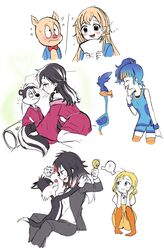  5boys 5girls black_hair blonde_hair blue_hair blush commentary english_commentary flying_sweatdrops furry furry_male furry_with_non-furry genderswap_(mtf) heart highres himuhino humanization interspecies jacket long_hair looney_tunes multicolored_hair multiple_boys multiple_girls nervous_sweating pants pantyhose pepe_le_pew porky_pig road_runner_(looney_tunes) rule_63 selfcest shirt short_hair straight sweat sylvester_(looney_tunes) thighhighs tongue tongue_out tweety_bird white_hair 