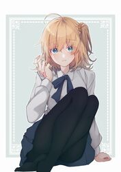  absurdres ahoge alternate_eye_color alternate_hairstyle artoria_pendragon_(fate) black_pantyhose blonde_hair blue_eyes blue_skirt blush breasts collared_shirt command_spell cosplay dress_shirt fate/grand_order fate_(series) female fujimaru_ritsuka_(female) fujimaru_ritsuka_(female)_(anniversary_blonde) hair_ornament hair_scrunchie highres knees_up legs long_sleeves looking_at_viewer medium_breasts one_side_up pantyhose saber_(fate) saber_(fate)_(cosplay) scrunchie shirt short_hair sitting skirt solo suna_co white_shirt 