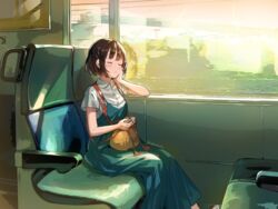  aqua_dress bag bangs blush brown_hair camera closed_eyes commentary_request dress eyebrows_visible_through_hair female hand_on_own_cheek hand_on_own_face head_rest highres holding holding_camera original rokcha shirt short_hair short_sleeves sitting sleeping solo train_interior twitter_username white_shirt 