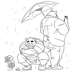  1:1 anthro bear bottomwear clothing duo electronics eyewear glasses male mammal monochrome overweight overweight_male pants phone raining shirt shorts suid suina sus_(pig) tetsuo_oshiba topwear umbrella wild_boar 