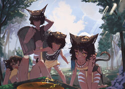  &gt;o&lt; 1boy 3girls all_fours animal_ear_fluff animal_ears arm_tattoo arrow_(projectile) basket blush body_markings breasts brown_shirt cat_ears cat_girl cat_tail cleavage closed_eyes cloud cloudy_sky commentary crop_top dagger day english_commentary facing_viewer fur-trimmed_shirt fur_trim hair_ornament hand_up highres jewelry knife looking_at_object looking_down lying mont_blanca multiple_girls necklace on_back open_mouth original outdoors parted_lips pelvic_curtain record sheath sheathed shirt short_hair skirt sky sleeveless sleeveless_shirt small_breasts standing strapless tail tattoo tooth_necklace tree tube_top voyager_golden_record weapon yellow_eyes yellow_skirt 