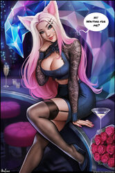  ahri_(league_of_legends) alcohol animal_ears aroma_sensei artist_name black_footwear black_skirt blonde_hair blue_eyes bouquet breasts champagne_flute cleavage cleavage_cutout clothing_cutout cocktail_glass crop_top crystal_tail cup drinking_glass english_text eyeshadow facial_mark female flower fox_ears garter_straps gradient_hair head_tilt high-waist_skirt high_heels highres k/da_(league_of_legends) lace_sleeves large_breasts league_of_legends leg_up lips lipstick looking_at_viewer makeup midriff multicolored_hair nightclub nose on_table over-kneehighs patreon_username pencil_skirt photoshop_(medium) pink_hair rose see-through see-through_legwear sitting skirt solo speech_bubble stiletto_heels table the_baddest_ahri thighhighs web_address whisker_markings zettai_ryouiki 