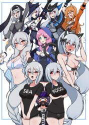  6+girls ^^^ absurdres andreana_(arknights) animal_ears arknights ascot bare_shoulders black_capelet black_coat black_collar black_dress black_gloves black_headwear black_shirt black_shorts blue_eyes blue_jacket blue_poison_(arknights) blue_poison_(arknights)_(cosplay) blue_poison_(shoal_beat)_(arknights) blush bottle bow braid breasts brown_hair camera camisole capelet cat_ears cat_tail ceobe_(arknights) ceobe_(summer_flowers)_(arknights) cleavage closed_eyes clothes_writing coat collar commentary cosplay crop_top dog_ears dress earrings embarrassed fake_animal_ears fake_tail gladiia_(arknights) gloves grey_ascot grey_capelet grey_dress grey_hair habit hair_between_eyes hairband hairbow hand_up hands_up hat highres holding holding_bottle holding_camera hood hooded_jacket index_fingers_together jacket jewelry korean_commentary long_hair long_sleeves looking_at_viewer low-tied_long_hair manggapaegtoli mask medium_breasts midriff mouth_mask multiple_girls multiple_persona nun off_shoulder official_alternate_costume open_clothes open_jacket open_mouth orange_jacket pink_hair purple_hair red_eyes shirt short_hair short_shorts shorts single_braid skadi_(arknights) small_breasts smile spaghetti_strap sparkle specter_(arknights) sports_bra surgical_mask swimsuit tail twin_braids underwear water_bottle white_ascot white_jacket white_sports_bra 