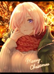  bangs banned_artist breasts christmas eyebrows_behind_hair eyebrows_visible_through_hair fate/grand_order fate_(series) female hair_over_one_eye jacket large_breasts light looking_at_viewer mash_kyrielight merry_christmas orii_(orii_i) pink_hair purple_eyes ribbed_sweater scarf short_hair smile solo sweater upper_body winter winter_clothes 