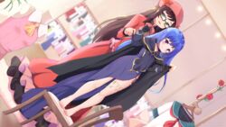  2girls ascot barefoot black-framed_eyewear black_cape black_gloves blue_dress blue_hair blue_sailor_collar blush bow bowtie brown_hair cape chair closed_mouth collarbone commentary commission cosplay dress dutch_angle english_commentary fate/kaleid_liner_prisma_illya fate/stay_night fate_(series) flower glasses gloves green_eyes hands_up hat highres long_hair long_sleeves medea_(fate) medea_(fate)_(cosplay) mixed-language_commentary multiple_girls neckerchief nyatrix on_chair orange_ascot original parted_lips pink_shirt red_bow red_bowtie red_dress red_eyes red_flower red_headwear red_neckerchief red_rose rose sailor_collar shirt sleeveless sleeveless_shirt smile standing unworn_shirt very_long_hair white_shirt 