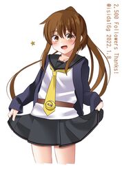  black_sailor_collar black_skirt blue_jacket blush brown_eyes brown_hair collarbone cowboy_shot crescent crescent_pin dated female fumizuki_(kancolle) fumizuki_kai_ni_(kancolle) hair_between_eyes highres ishida_arata jacket kantai_collection long_hair long_sleeves looking_at_viewer milestone_celebration neckerchief necktie open_mouth ponytail sailor_collar shirt skirt skirt_hold smile solo star_(symbol) thank_you twitter_username white_background white_shirt yellow_necktie 