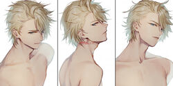  1boy ahoge aladdin_(sinoalice) blonde_hair blue_eyes collage dated hair_over_one_eye highres looking_at_viewer male_focus ojo_aa parted_lips short_hair signature simple_background sinoalice solo topless_male white_background 