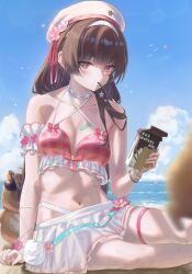  absurdres azursheep beret bikini bikini_skirt black_hair blue_sky breasts chisa_(peach_parfait)_(wuthering_waves) chisa_(wuthering_waves) cleavage commentary day english_commentary female food food_in_mouth hair_ribbon hat highres long_hair looking_at_viewer medium_breasts namipon_(wuthering_waves) official_alternate_costume pink_bikini pink_eyes pink_ribbon plaid_bikini plaid_clothes pocky pocky_in_mouth ribbon skirt sky solo swimsuit thigh_strap white_hat white_skirt wuthering_waves 