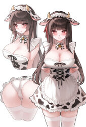  animal_ear_hairband animal_ears apron black_hair blush breasts breasts_on_tray chisa_(wuthering_waves) cleavage closed_mouth commentary cow_ear_hairband cow_ears cow_print_dress fake_animal_ears female hair_ribbon hairband highres kuca_(ku_ca18) large_breasts long_hair looking_at_viewer multiple_views panties red_eyes red_ribbon ribbon simple_background smile thighhighs thighs underwear white_background white_panties white_thighhighs wuthering_waves 