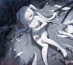  absurdres alternate_breast_size_(smaller) breasts cinderella_(nikke) closed_mouth clothing_cutout commentary_request concrete crack cracked_floor defeat dot_nose female full_body glass_shards goddess_of_victory:_nikke hair_ornament hand_on_ground highres hirotaka0125 leotard long_hair one_eye_covered rebar red_eyes sideboob_cutout sitting small_breasts solo stomach_cutout torn_clothes torn_leotard twintails white_hair white_leotard 