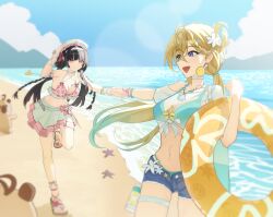  2girls absurdres aqua_bikini arm_up bikini bikini_skirt black_hair blonde_hair blue_sky breasts chisa_(peach_parfait)_(wuthering_waves) chisa_(wuthering_waves) cleavage closed_mouth commentary_request day denim denim_shorts flower fruit_earrings gradient_hair hair_flower hair_ornament hair_ribbon hairband hat highres holding holding_swim_ring large_breasts long_hair looking_at_another low_twintails lynae_(peppermint)_(wuthering_waves) lynae_(wuthering_waves) mori141009 multicolored_hair multiple_girls namipon_(wuthering_waves) navel ocean official_alternate_costume open_fly open_mouth outdoors pink_bikini pink_ribbon plaid_bikini plaid_clothes purple_eyes red_eyes ribbon see-through_clothes see-through_shirt shirt shore shorts skirt sky smile stomach swim_ring swimsuit taking_another's_hand twintails white_flower white_hairband white_hat white_shirt white_skirt wuthering_waves 